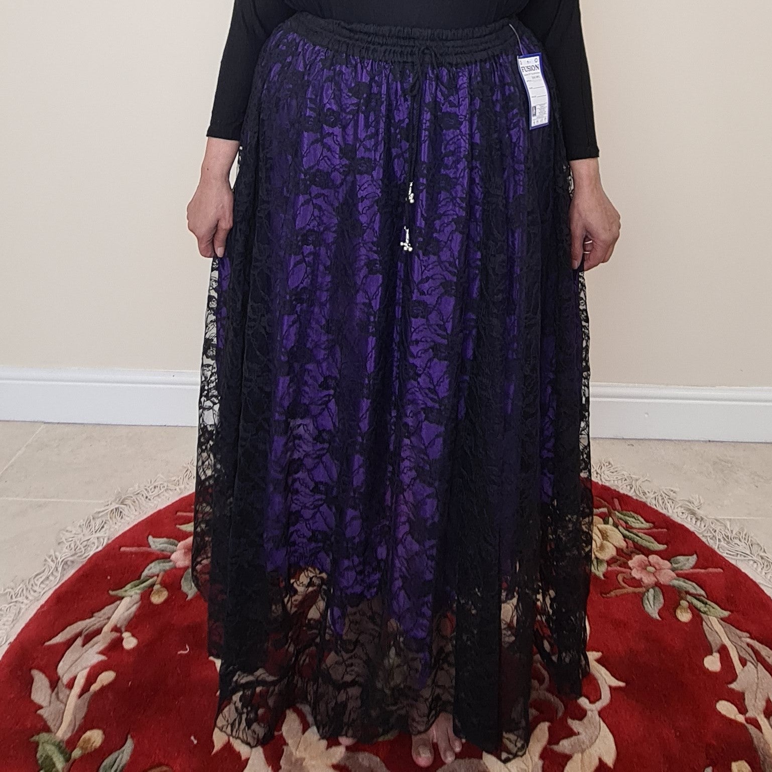 Lace Overlay Maxi Skirt - Purple & Black