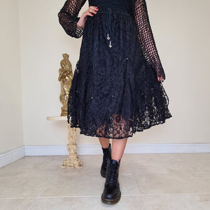 Lace Overlay Midi Skirt - Black & Black