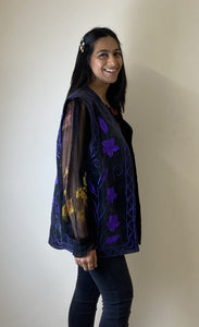 Cotton Velvet Waistcoat - Grey with Purple Embroidery
