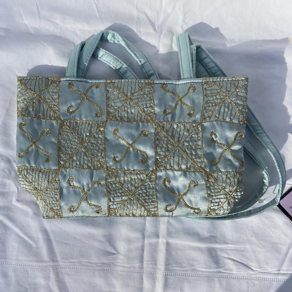Embroidered Handbag - Light Blue with Gold