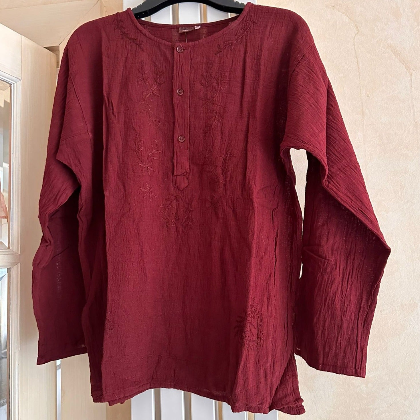 Cheesecloth Embroidered Kaftan Blouse - Burgundy