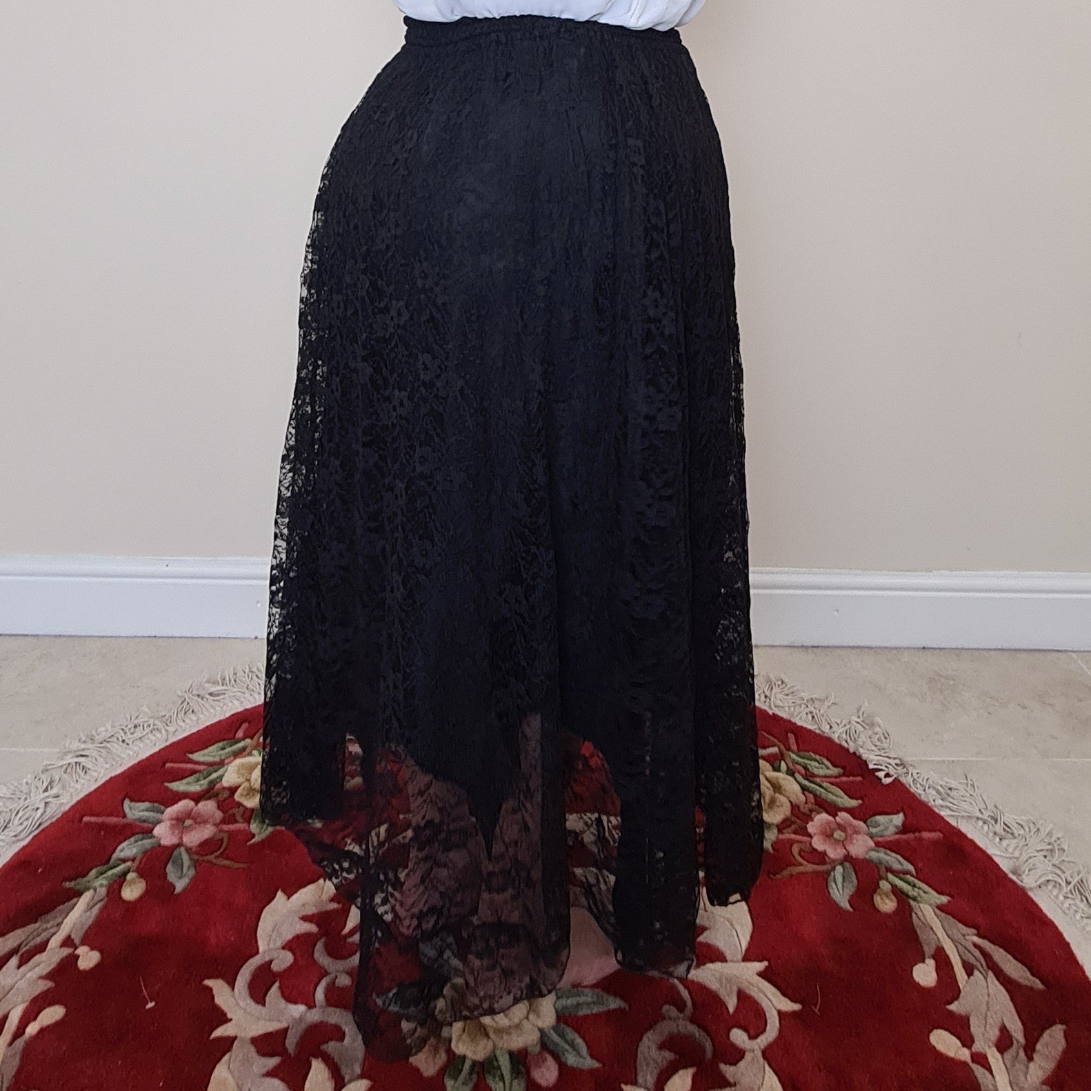 Lace Overlay Maxi Skirt - Black & Black
