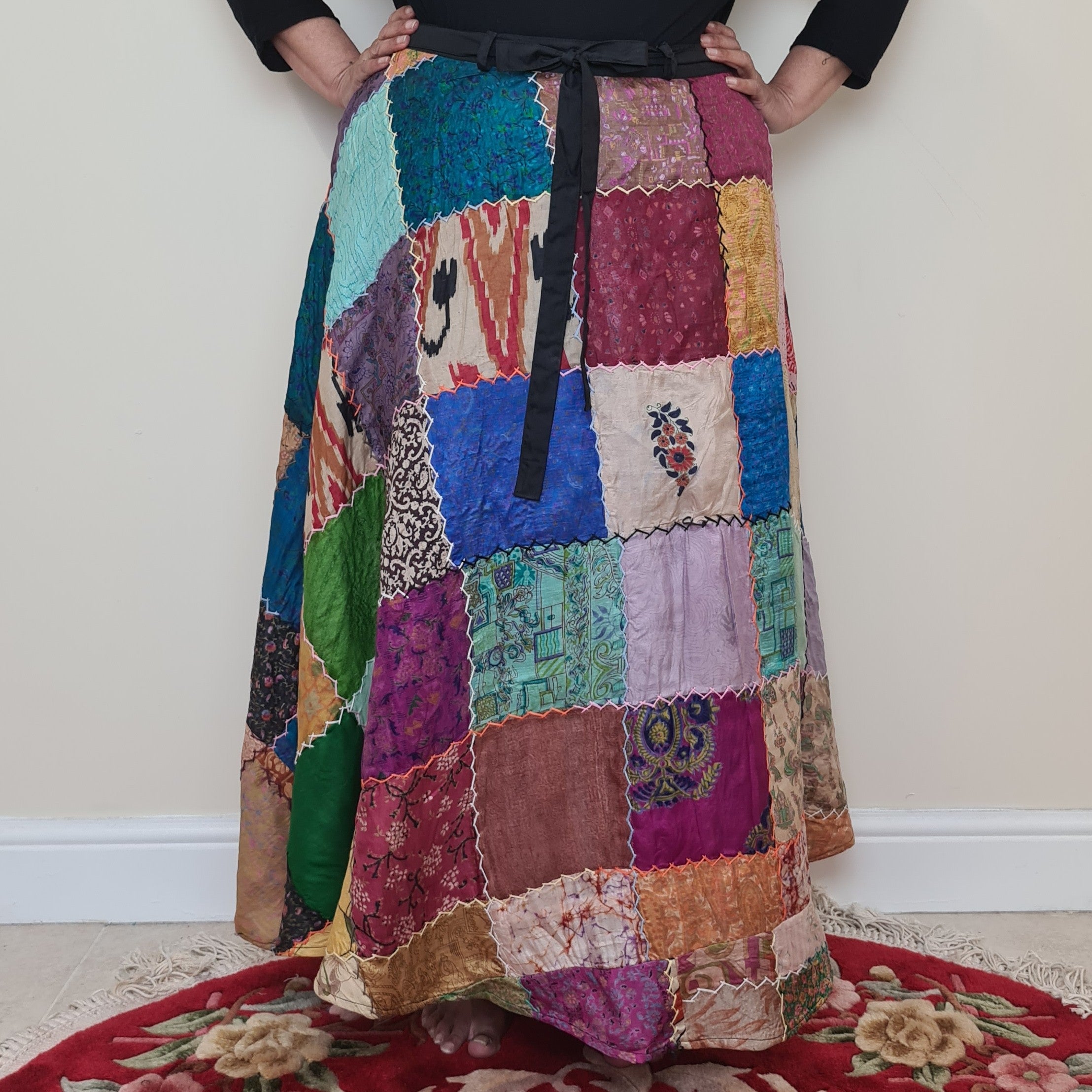 Upcycled Patchwork Silk Wrap Skirt