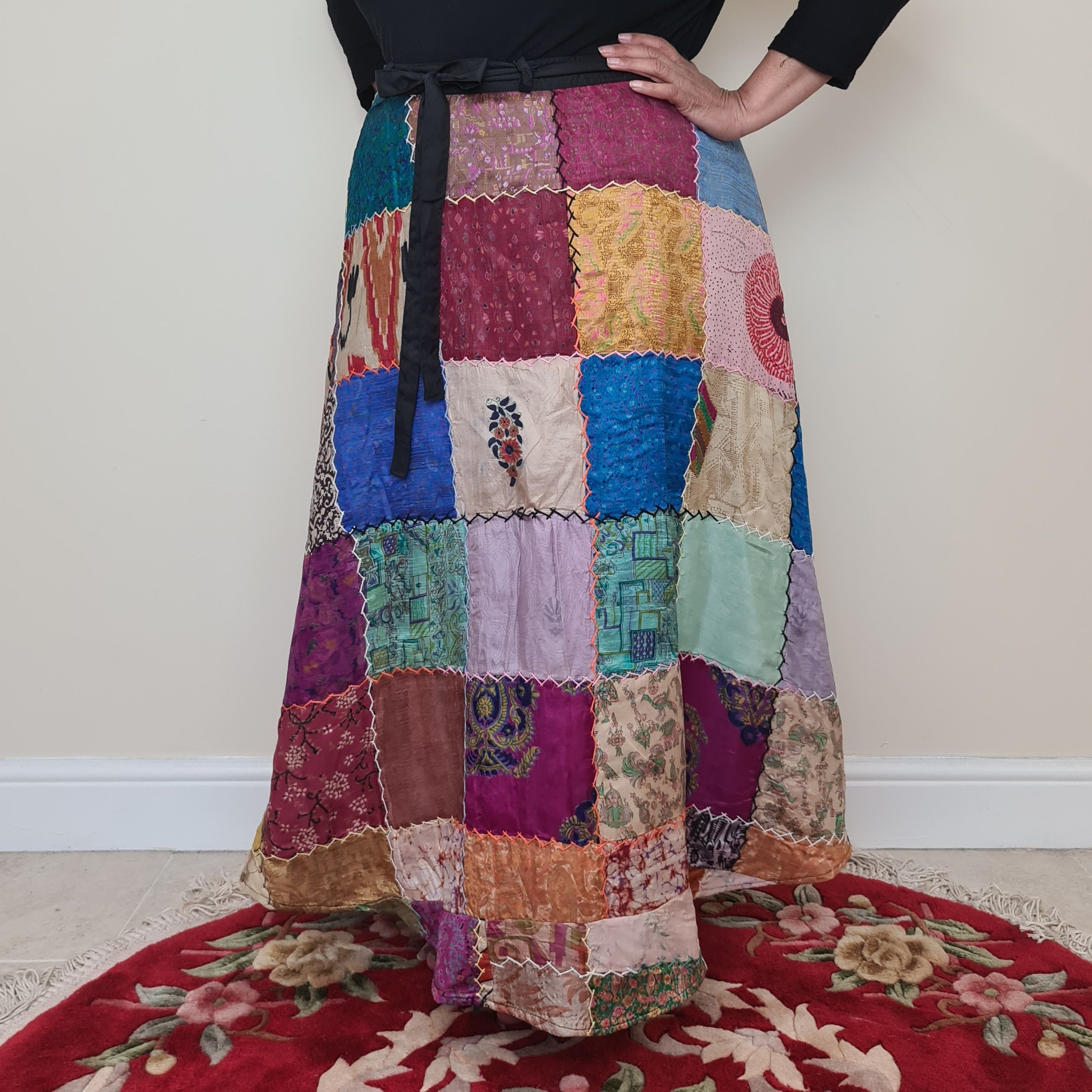 Upcycled Patchwork Silk Wrap Skirt