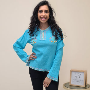 Cheesecloth Embroidered Blouse - Turquoise