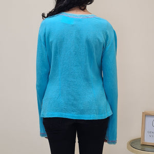 Cheesecloth Embroidered Blouse - Turquoise