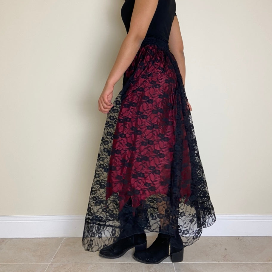 Lace Overlay Maxi Skirt - Red & Black
