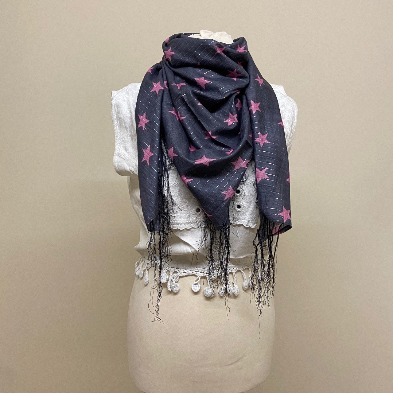 Star Scarf with Fringe Detailing - Pink and Grey