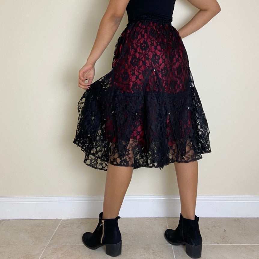 Lace Overlay Midi Skirt - Red & Black