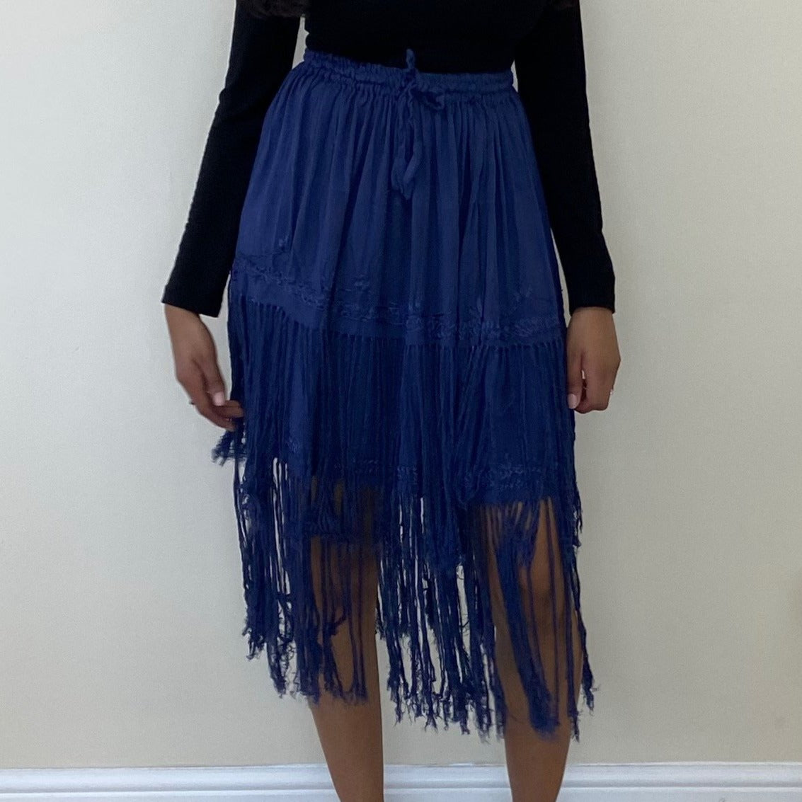 Black High Waisted Midi Fringe Skirt - Black / S