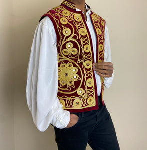 Embroidered Afghan Waistcoat - Red & Gold