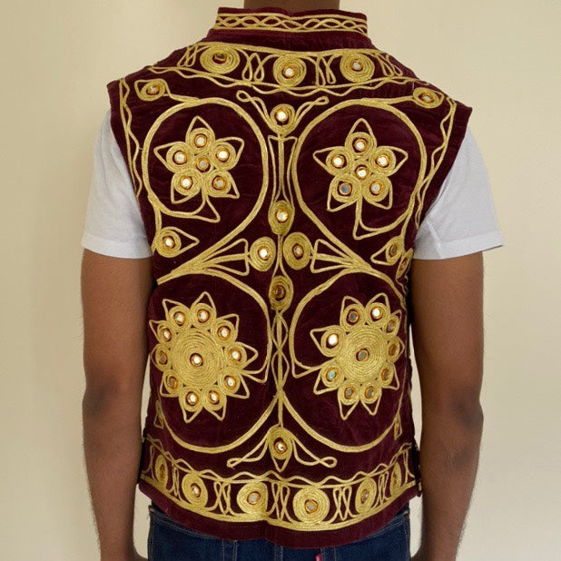Embroidered Afghan Waistcoat - Burgundy & Gold