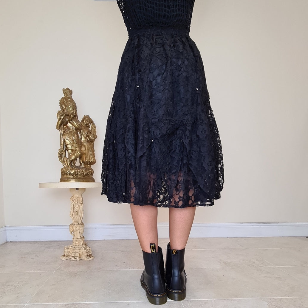 Lace Overlay Midi Skirt - Black & Black