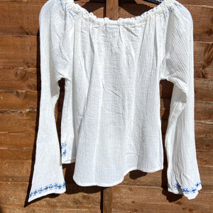 Cheesecloth Embroidered Blouse - White & Blue