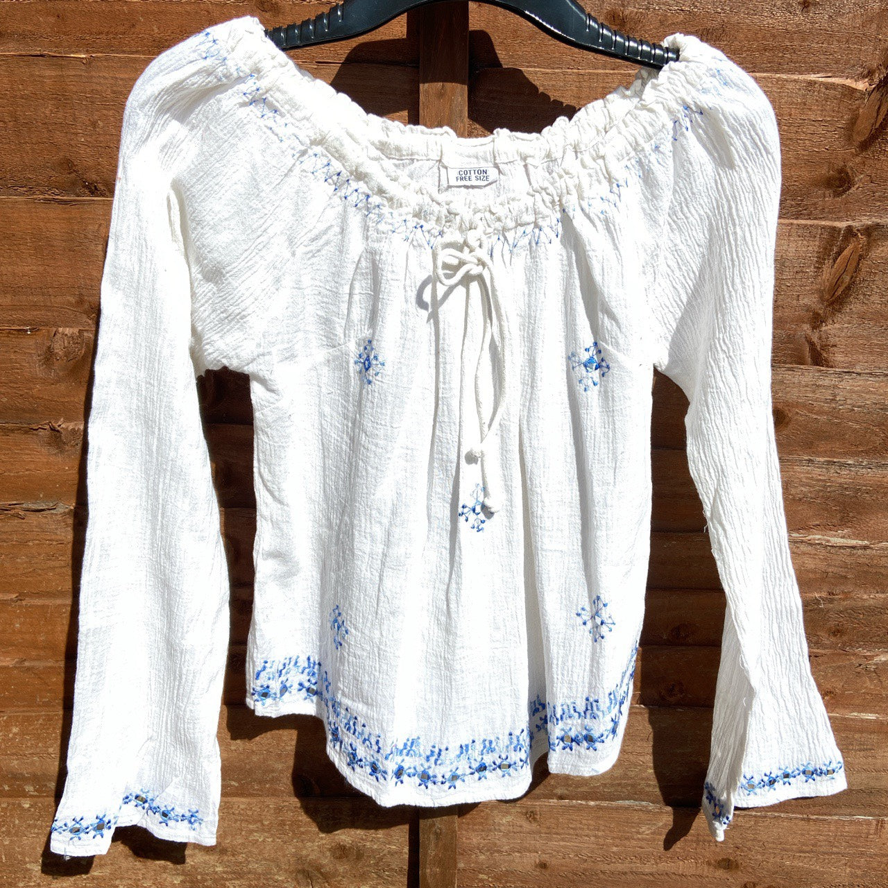 Cheesecloth Embroidered Blouse - White & Blue