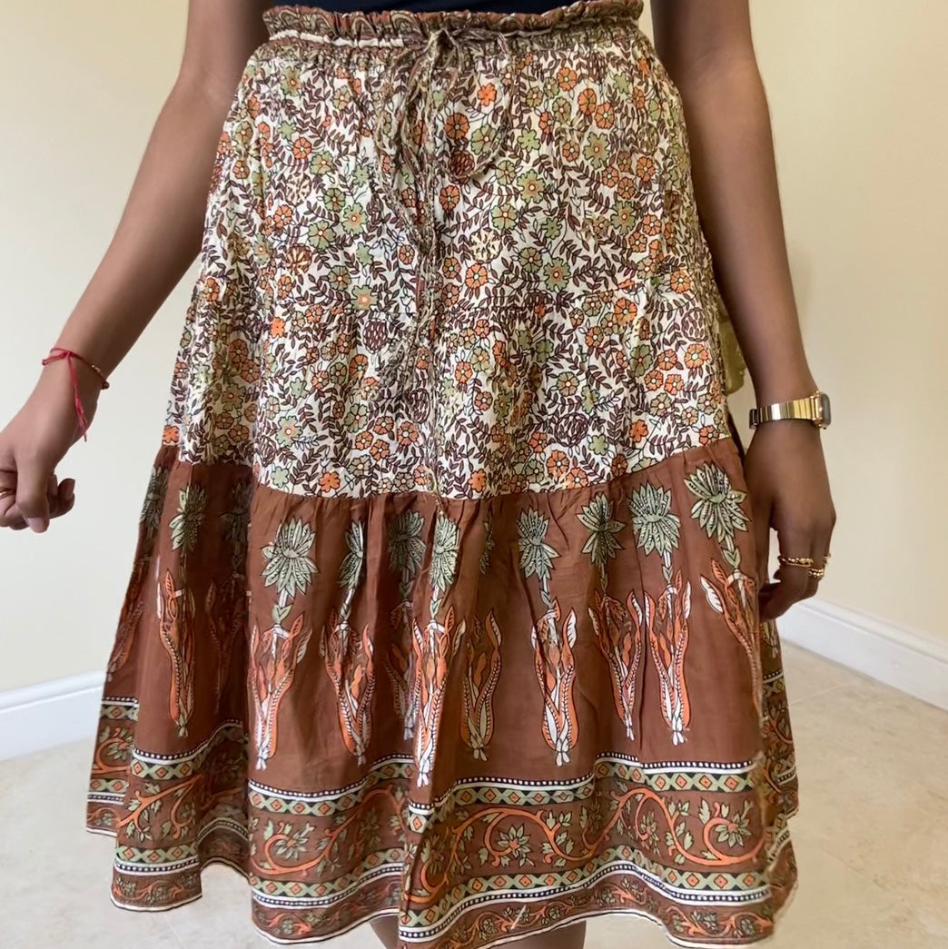 Maya Printed Cotton 22" Skirt - Brown