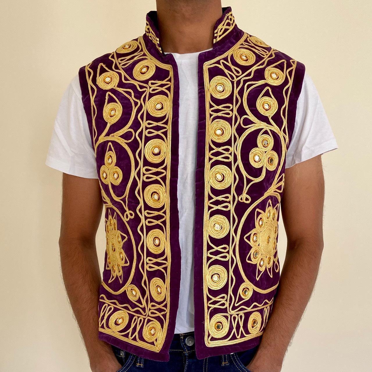 Embroidered Afghan Waistcoat - Purple & Gold