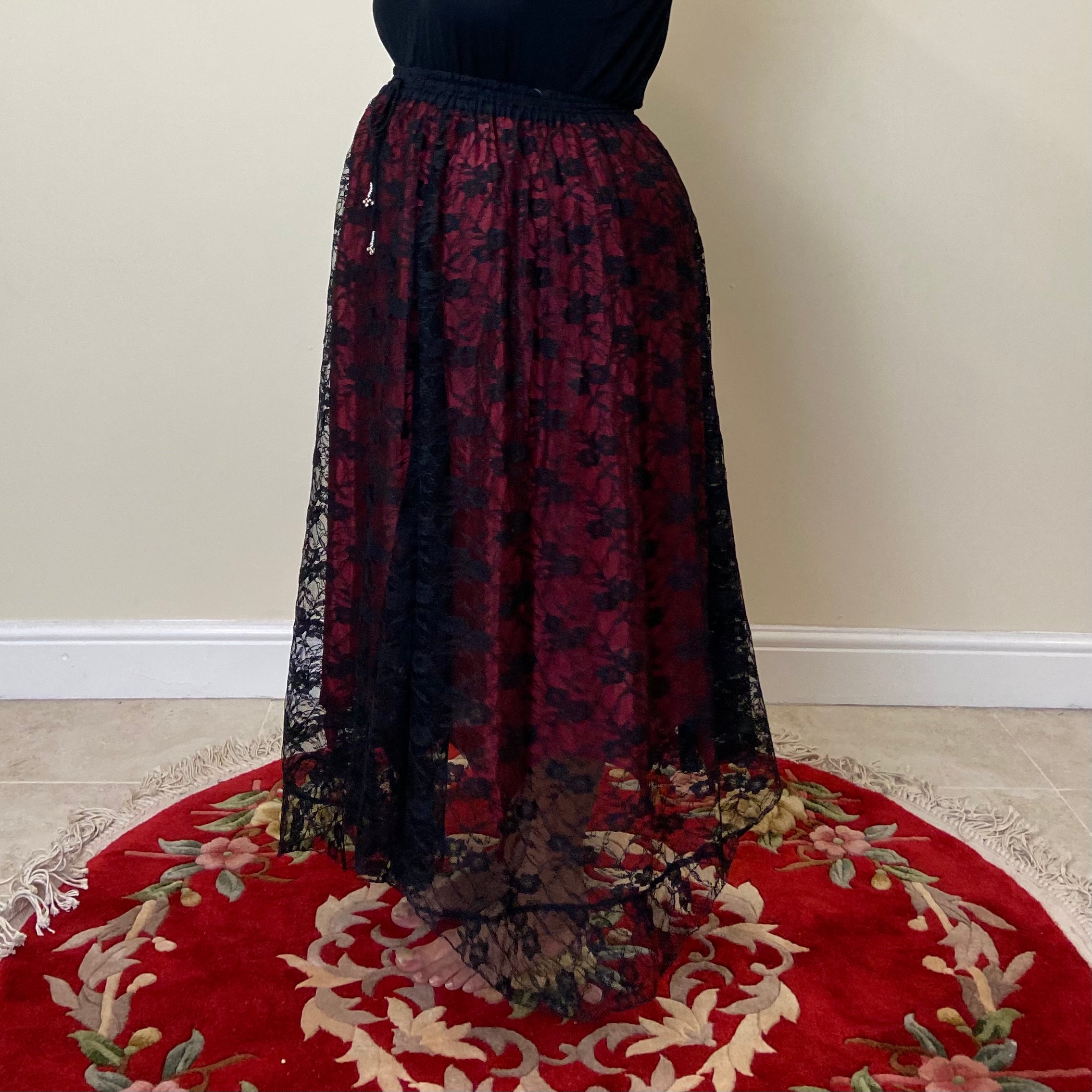 Lace Overlay Maxi Skirt - Red & Black