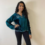 Load image into Gallery viewer, Velvet Top - Green with Assorted Coloured Embroidery
