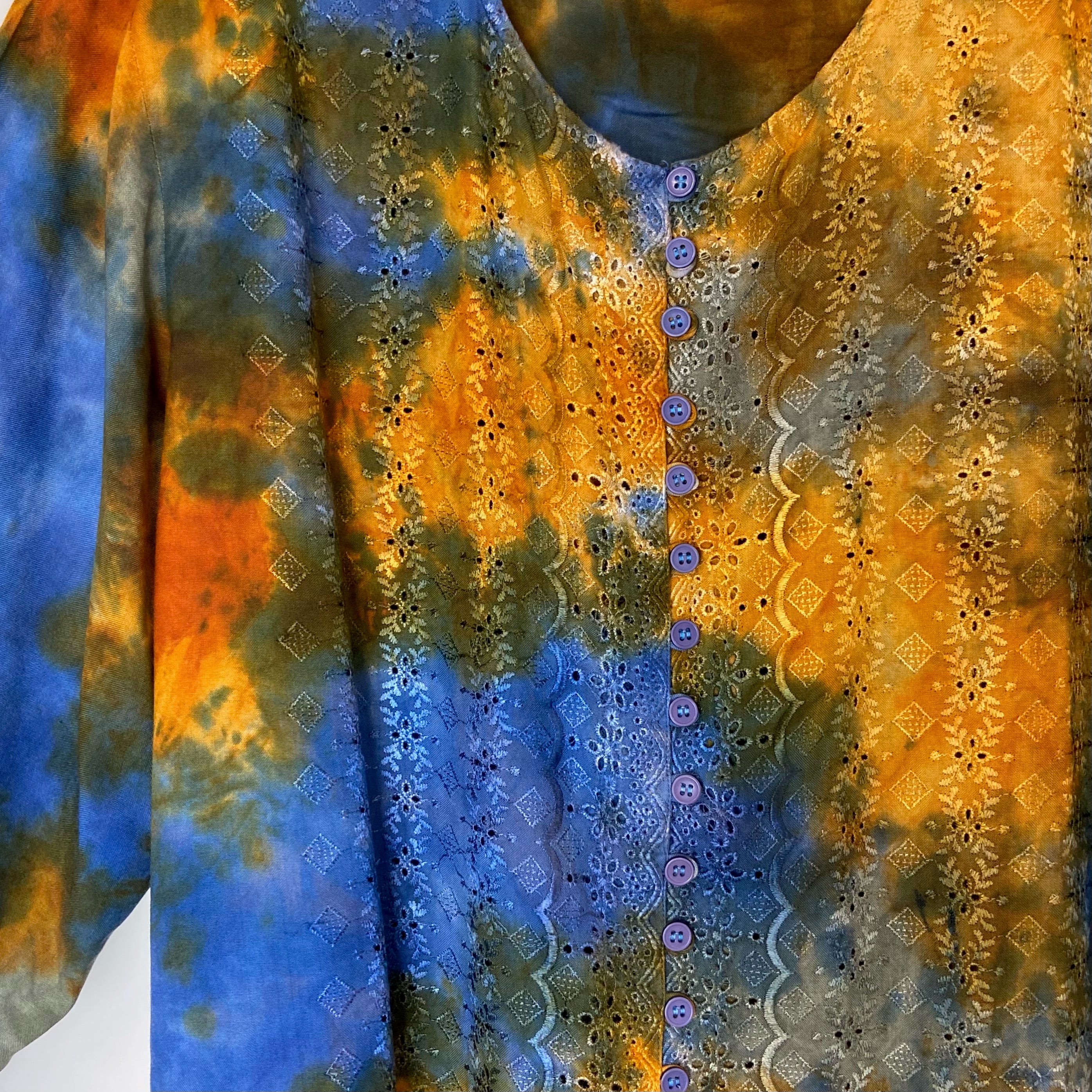 Tie Dye Embroidered Blouse - Blue and Orange