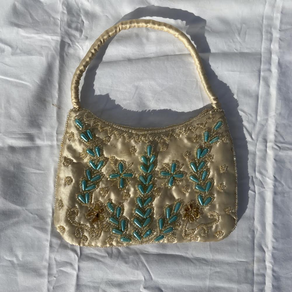 Beaded and Sequin Handbag - Champagne and Turquoise
