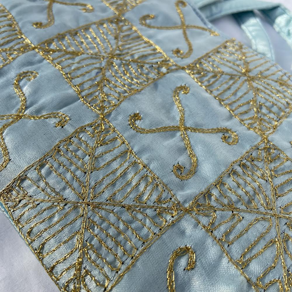 Embroidered Handbag - Light Blue with Gold