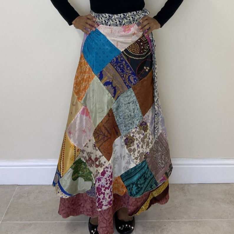 Reversible Upcycled Patchwork Silk Wrap Skirt