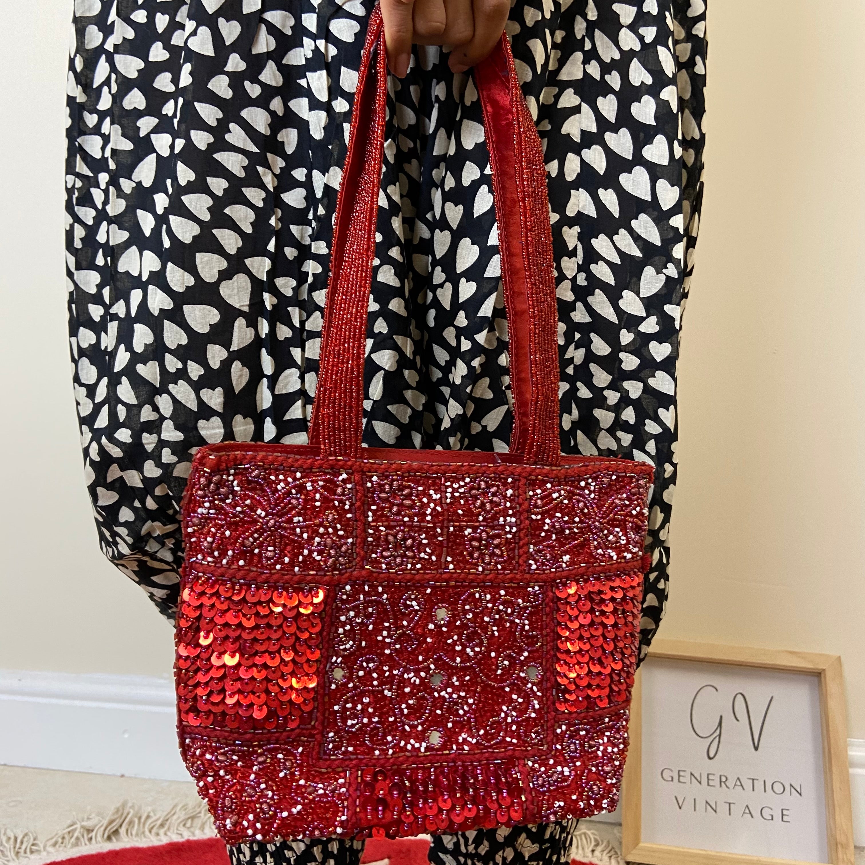 Sequin and Beaded Handbag - Red