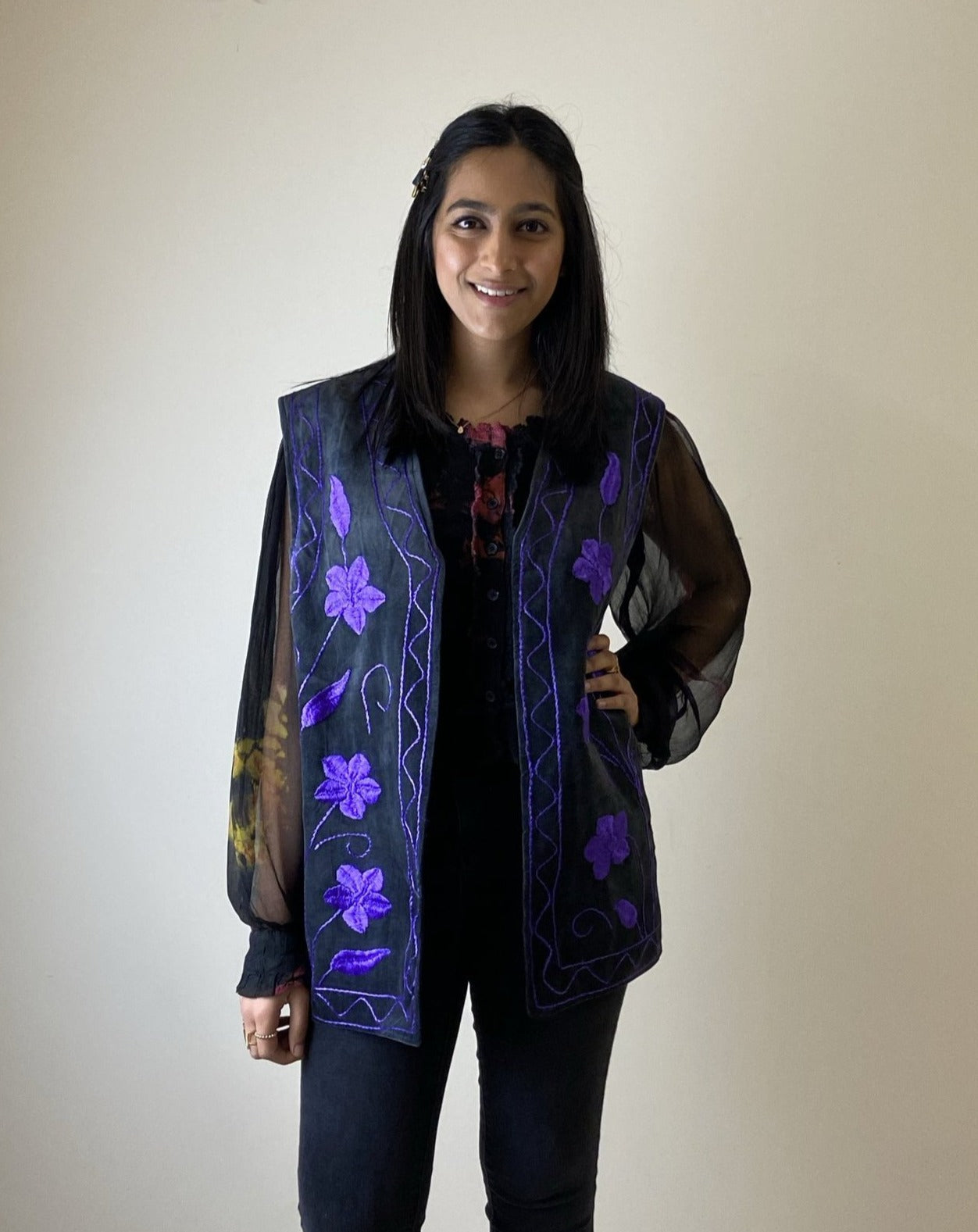 Cotton Velvet Waistcoat - Grey with Purple Embroidery