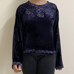 Load image into Gallery viewer, Velvet Top - Navy Blue with Assorted Coloured Embroidery
