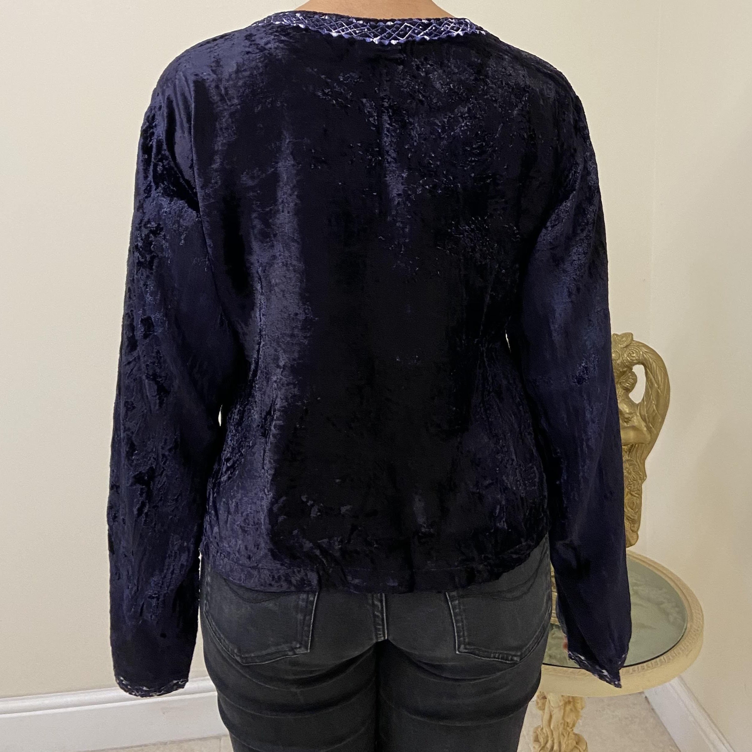 Velvet Top - Navy Blue with Assorted Coloured Embroidery